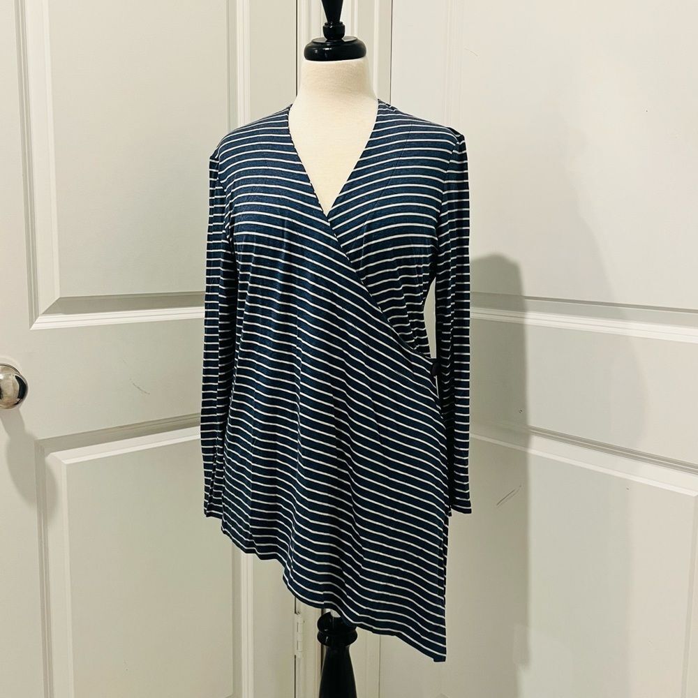 Soft Surroundings Women's Blue Striped Long Sleeve Wrap Blouse Sz. Large (14-16)